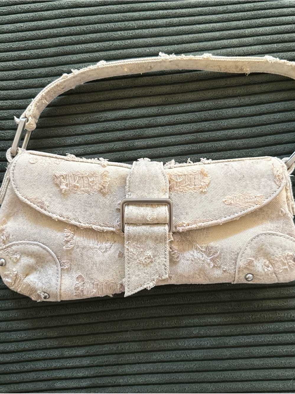 Zara Cream Distressed Denim Shoulder Bag with Buckle